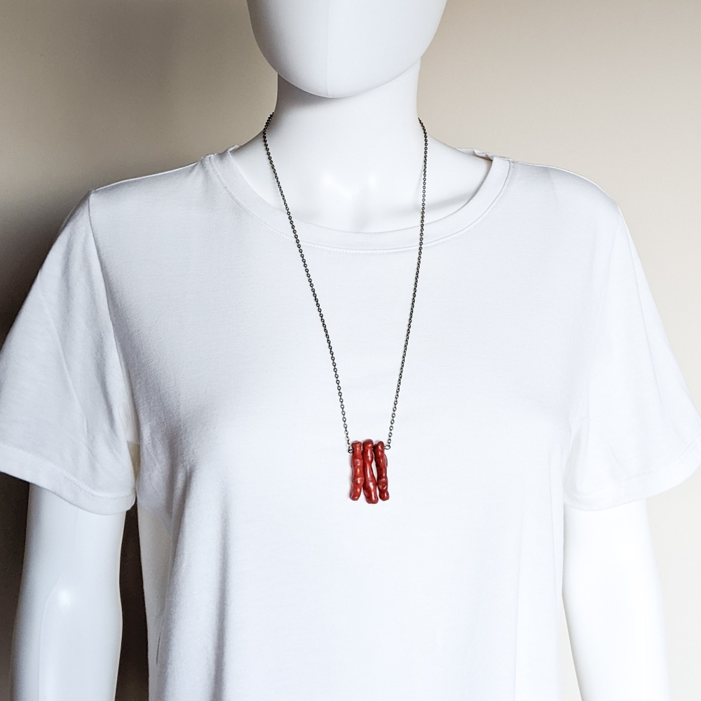 Polished Coral Pendant Bronze Chain Necklace